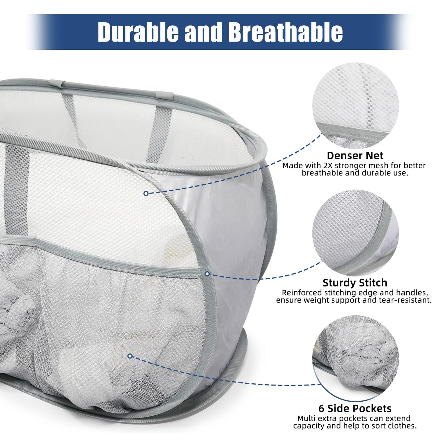 2 Pack Collapsible Laundry Baskets, Upgrade Pop Up Laundry Hamper with Convenient Bags, Foldable Laundry Basket Mesh Light Weight, Easy to Carry Clothes Hampers for Laundry, Dorm, Toys, Travel Grey