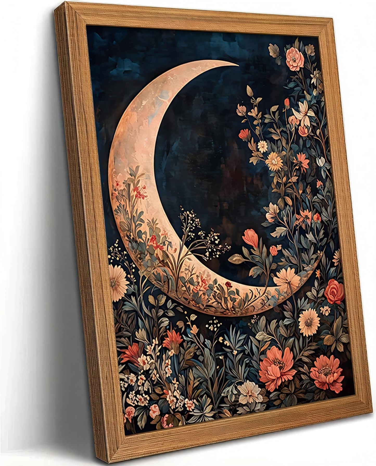 JXZMLNR Framed Canvas Wall Art, Crescent Moon with Dark Floral Print 8x10In