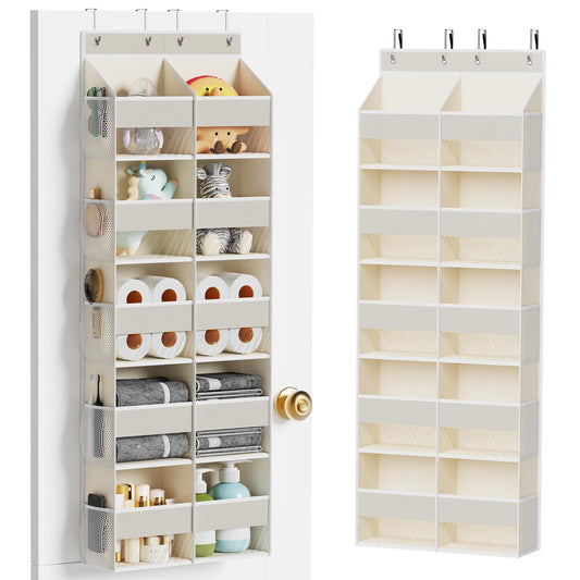 MAX Houser 5-Shelf Over The Door Hanging Organizer with 4 Metal Hooks，5 Pocket Over The Door Wall Mount Storage with Clear Windows for Bathroom Closet,Bedroom(Beige)
