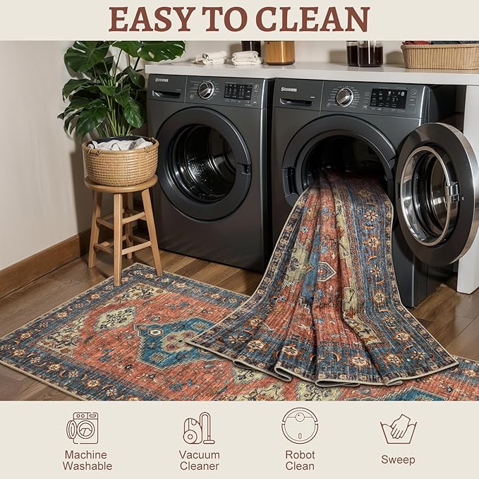 Tangsoo Oriental Washable Entryway Rugs Terracotta 2x3 Non Slip Small Area Rug, Vintage Indoor Front Door Rug, Print Door Mat Indoor Entrance Soft Low Pile Throw Rug for Entry Kitchen Bedroom