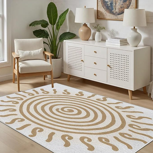 Boho Washable Rugs for Bedroom 4x5, Modern Sun Print Soft Minimalism Area Rug, Non Slip Low Pile Abstract Carpet for Classroom Living Room Decor Dining Room, Beige Yellow