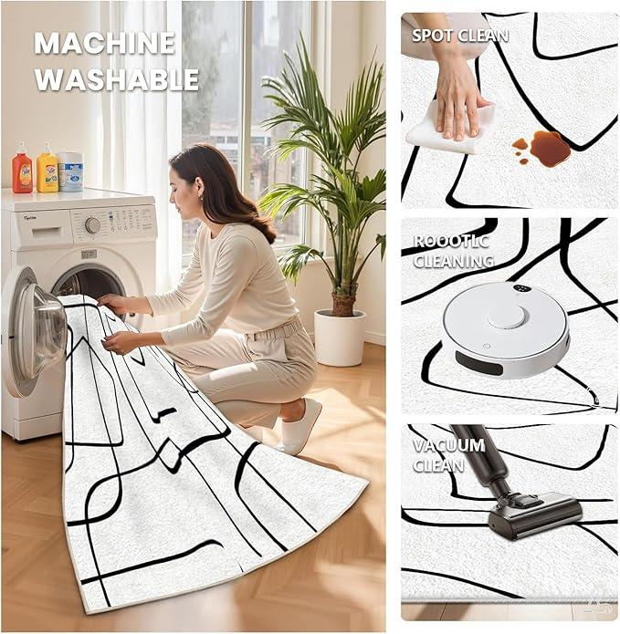 Black and White Rug - Abstract Area Rug, Black and White Rugs for Living Room, Modern Minimalist Washable Rugs, Contemporary Carpet Non Slip Home Decor, Curve 7x10