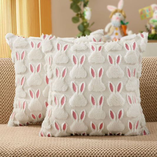 DFXSZ Easter Pillow Covers 16x16 inch Set of 2 Easter Decorations Pink Ears White Rabbit Soft Plush Faux Fur Jacquard Throw Pillows for Bedroom Sofa Holiday Festivals Home Decor FHJ-07D16