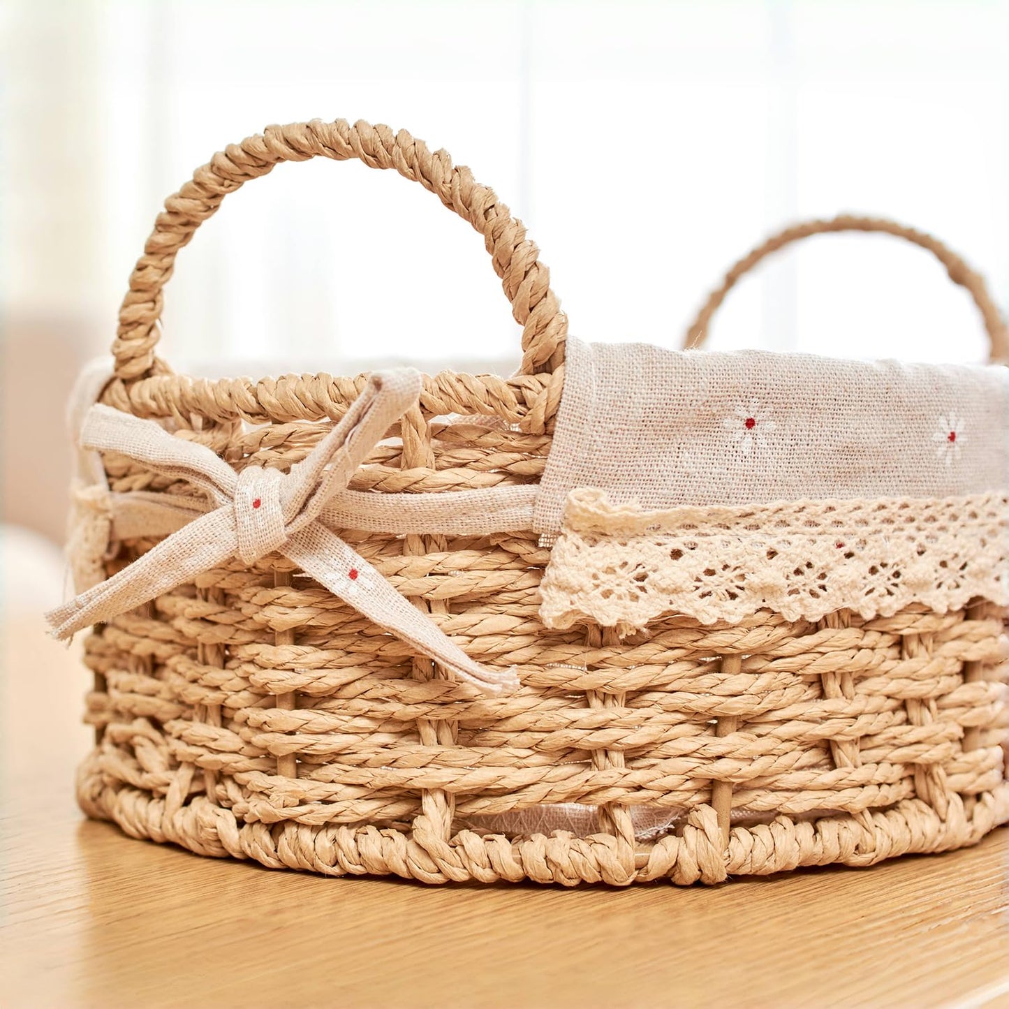 GIB Small Wicker Storage Baskets for Organizing, Decorative Woven Baskets with Handles & Liners, Boho Paper Rope Cute Baskets for Gifts, Decor, Pantry Table, Serving Trays, Set of 2