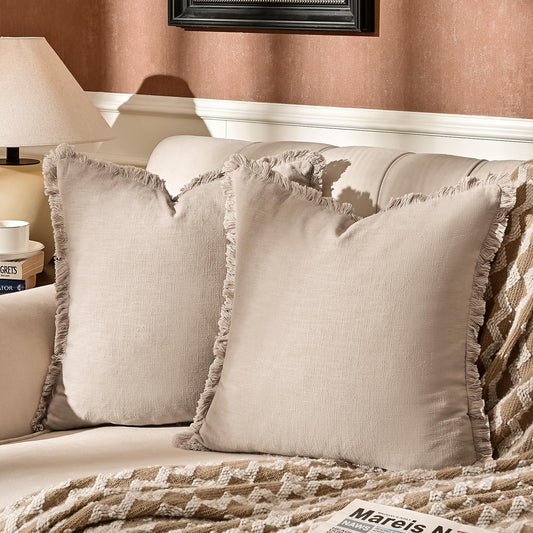 AmHoo Pack of 2 Linen Pillow Covers with Tassels Fringed Decorative Rustic Natural Throw Pillowcase Cushion for Couch Sofa Bedroom 18 x 18-Inch Beige