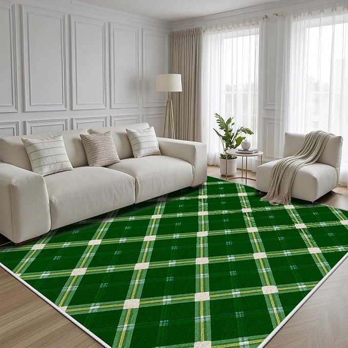 Plaid Rug - 4x5 Rug for Living Room, Geometric Stripes Soft Neutral Indoor Floor Carpet, Non-Slip Stain Resistant Modern Washable Rugs for Bedroom, Green Area Rugs