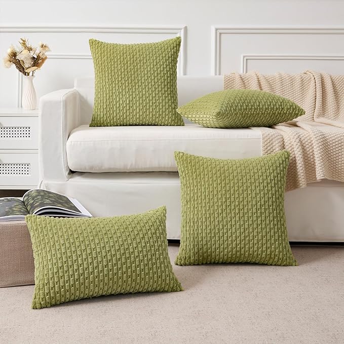Kevin Textile Spring Decorative Pillow Covers Set of 2 Striped Plush Corduroy Pillows Pillowcases Boho Home Decor Cushion Covers for Couch Sofa Bed Living Room 20x20 Inch, Grass Green