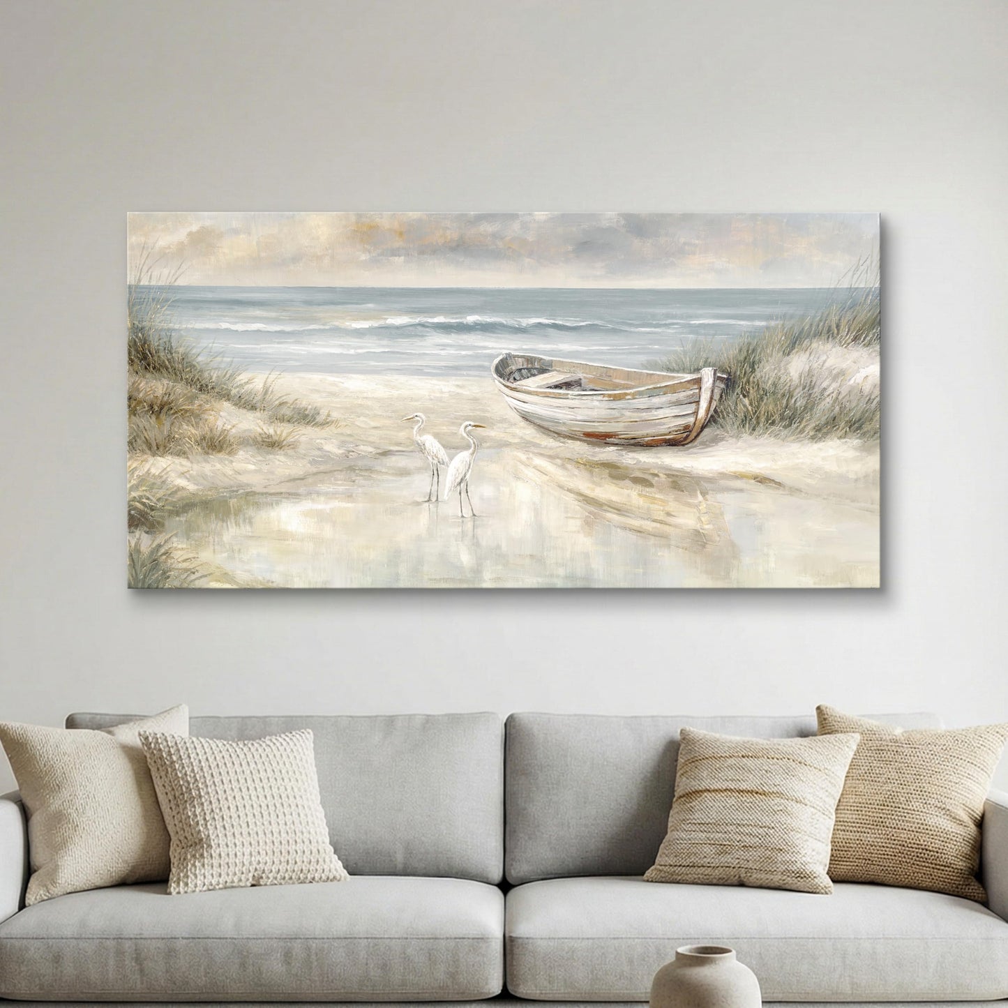 SENROLAN Coastal Wall Art for Living Room, Horizontal Seascape Canvas Wall Art with Boat and Birds, Neutral Ocean Picture for Bedroom, Large Beach Wall Decor, Ready to Hang, 24x48 Inch