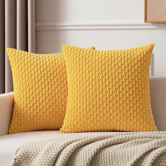 Kevin Textile Set of 2 Decorative Pillow Cover Solid Striped Corduroy Plush Velvet Cushion Cover for Couch Machine Washable Pillowcase 50cm 20 x 20 Inch Yellow