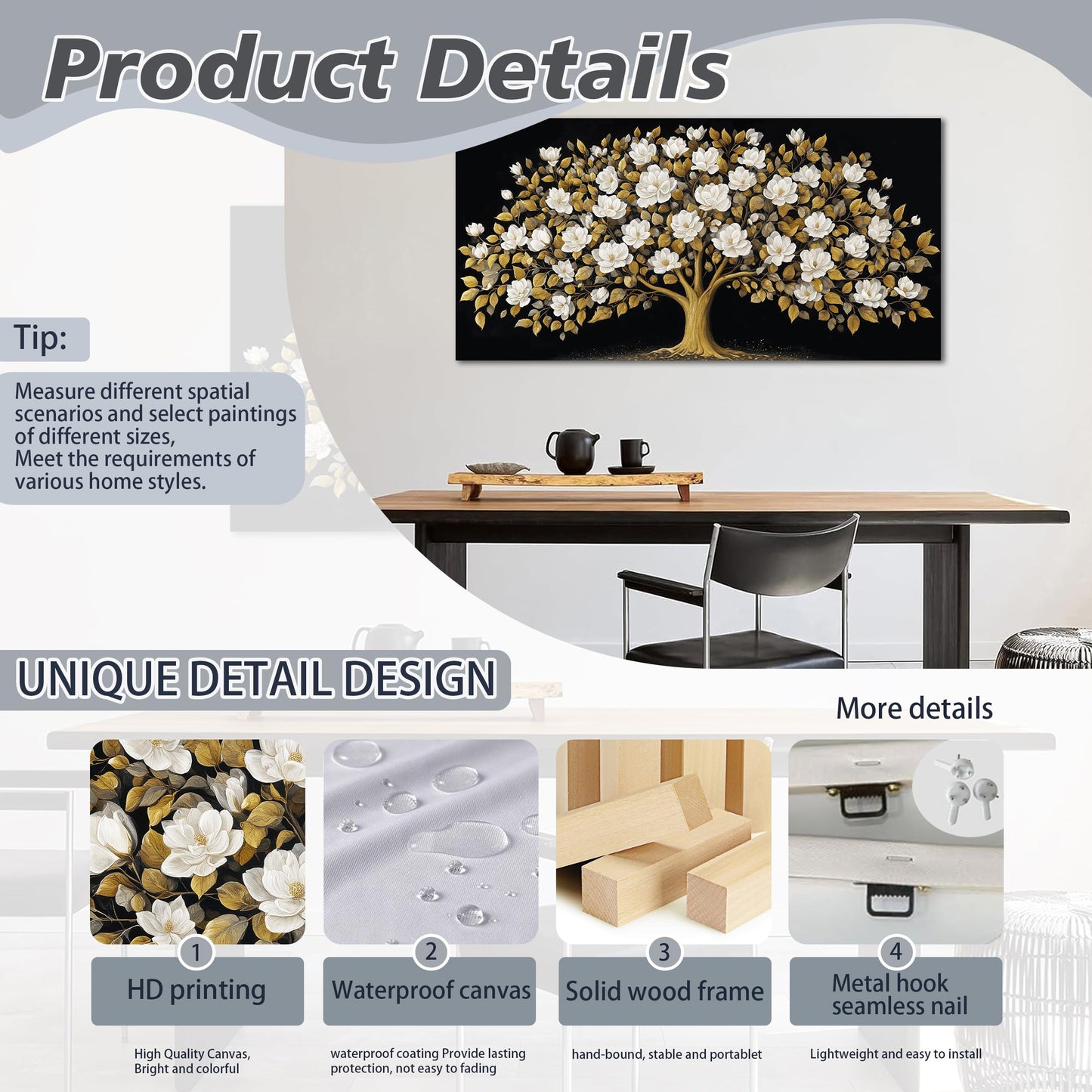 ORKARLUMENT Large Tree of Life Wall Art for Living Room Gold and White Floral Modern Artwork for Bedroom Office Canvas Prints 20"x40"