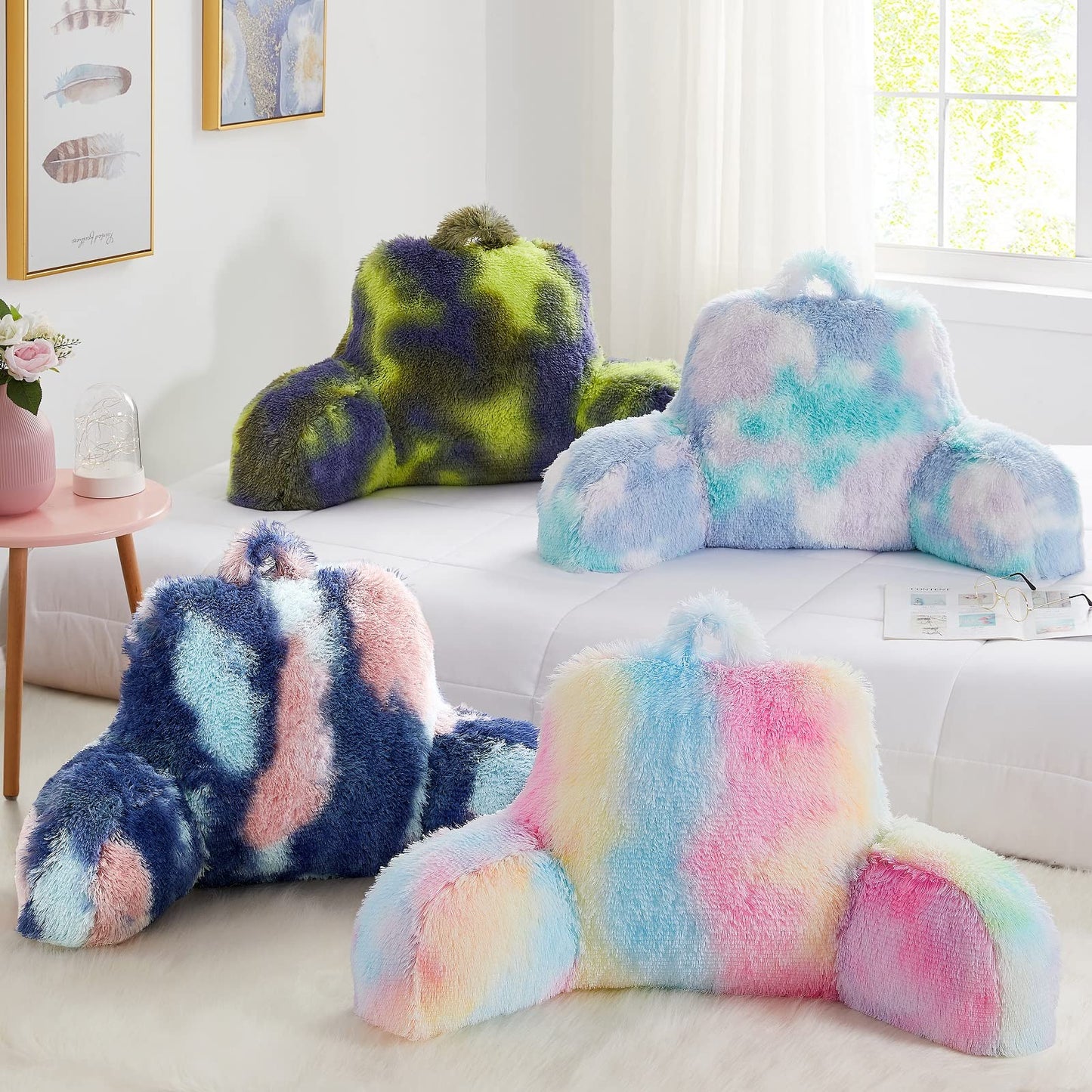 Hobed Life Faux Fur Backrest Pillow for Kids, Teen Reading Pillow with Arms, Fluffy Back Support Pillow for Sitting Up in Bed/Couch, Bed Wedge Pillow for Girls, Reading & Bed Rest Pillows (Pink)