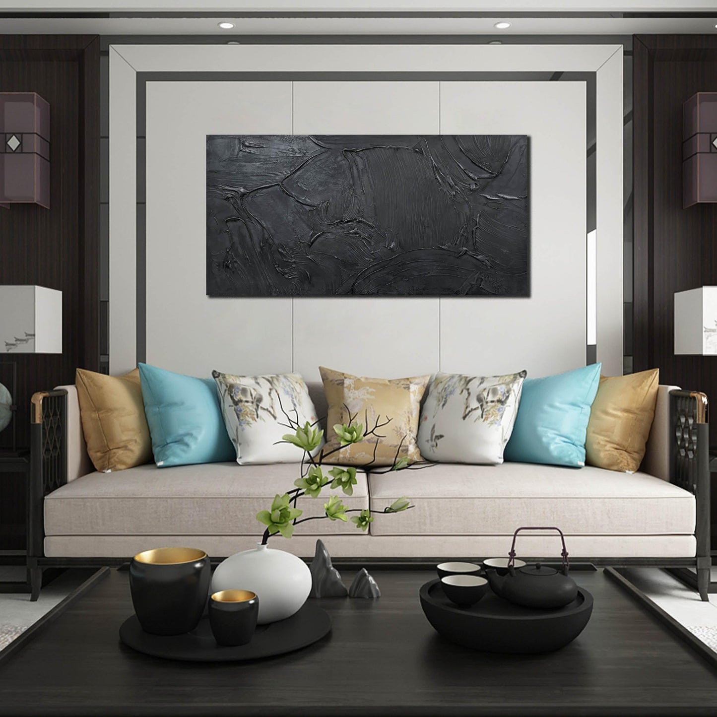 HUBOSKN Abstract Art Pictures for Wall in Living Room - Minimalist Wall Art for Teen Boys Bedroom - Black Hand Painted Wall Art for Office Size 24" x 47"