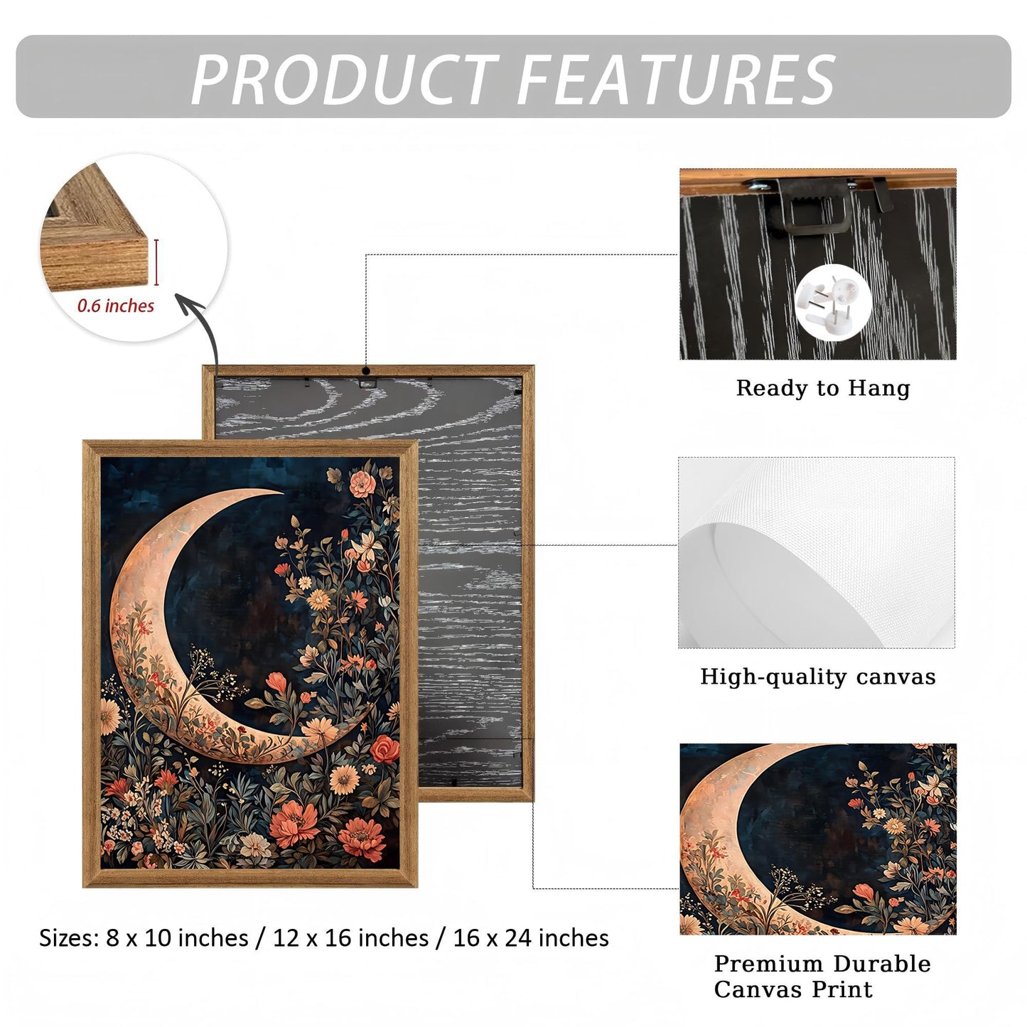 JXZMLNR Framed Canvas Wall Art, Crescent Moon with Dark Floral Print 8x10In