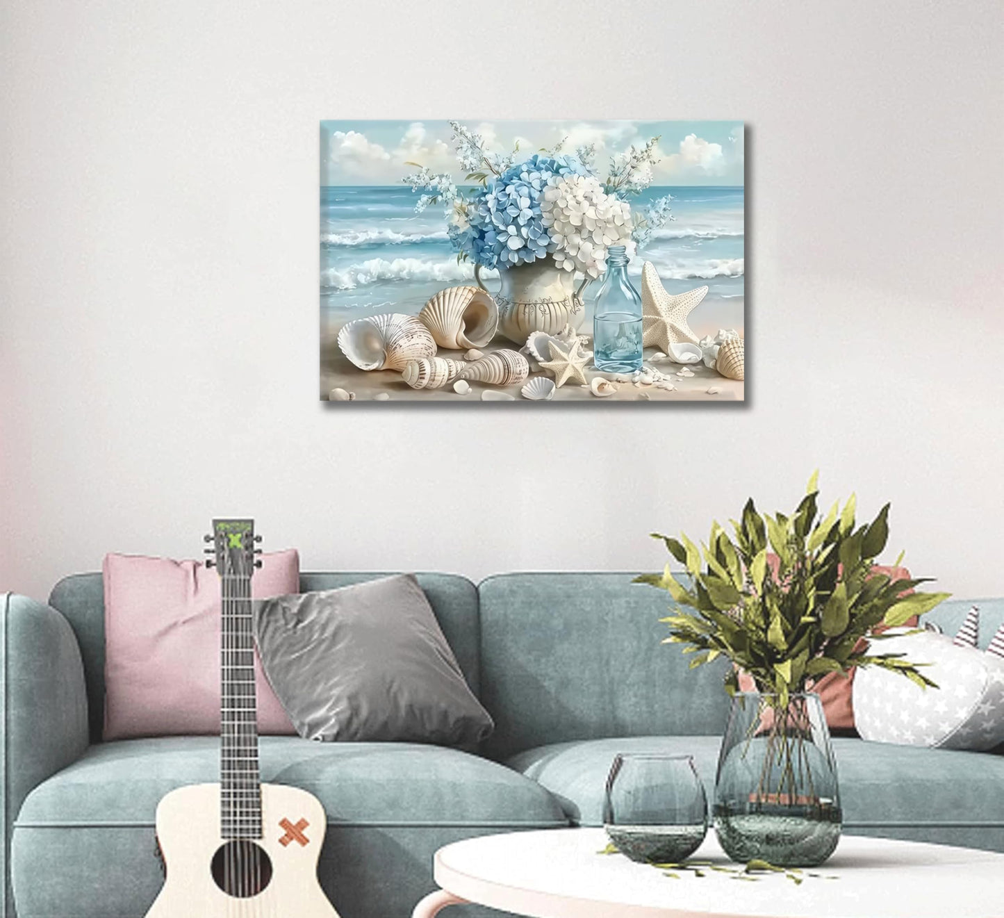 Blue Ocean Beach Wall Art Coastal Bathroom Poster Print Sea Vase Canvas Wall Decor Seaside Seashell Painting Picture for Bathroom Bedroom Living Room Kitchen Office Framed