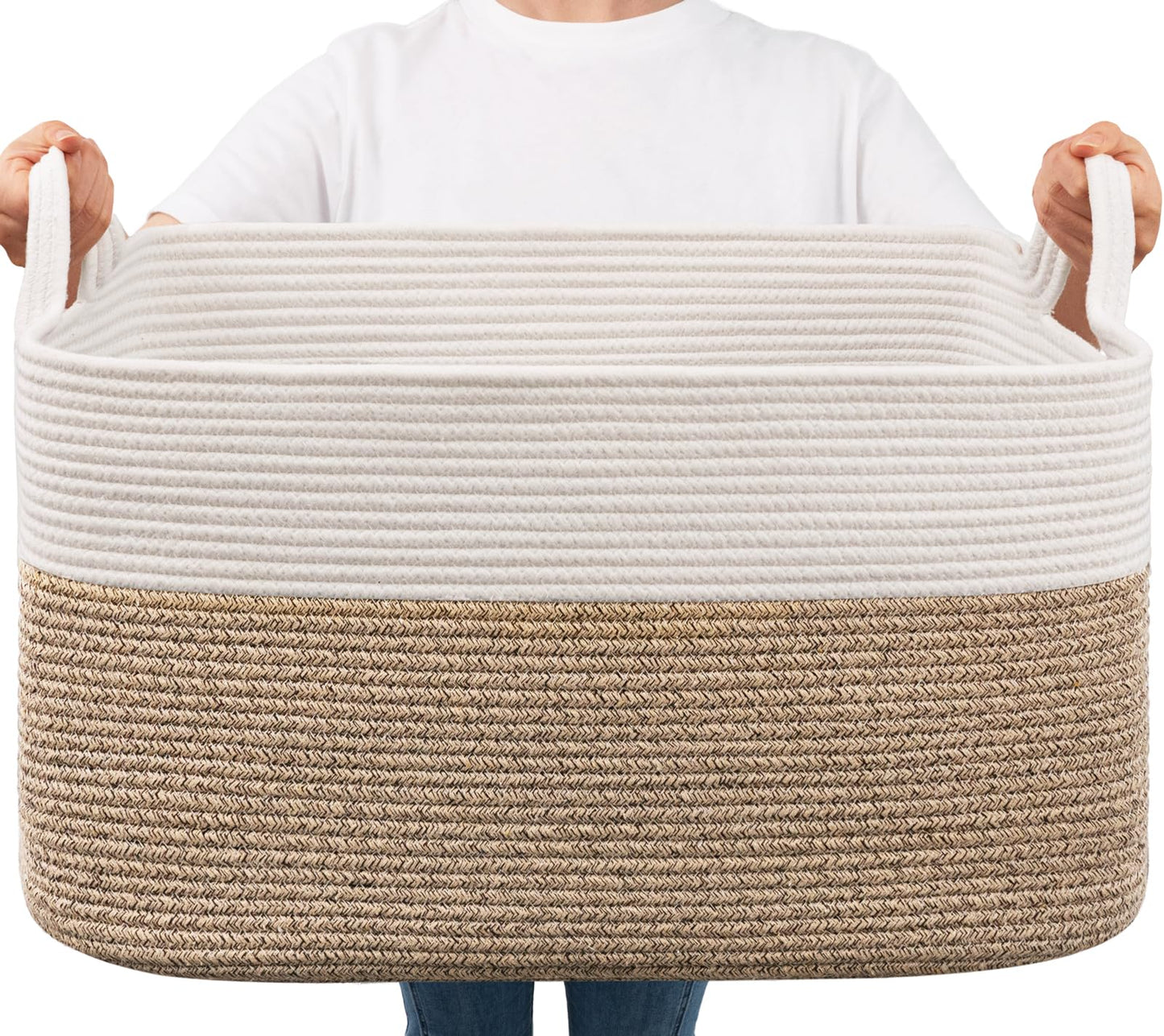 Goodpick Large Woven Blanket Basket, 21.6" x 14.9" x 11.8" Storage Baskets for Organizing, Rectangle Cotton Rope Toy Basket for Living Room, Bedroom, White & Brown