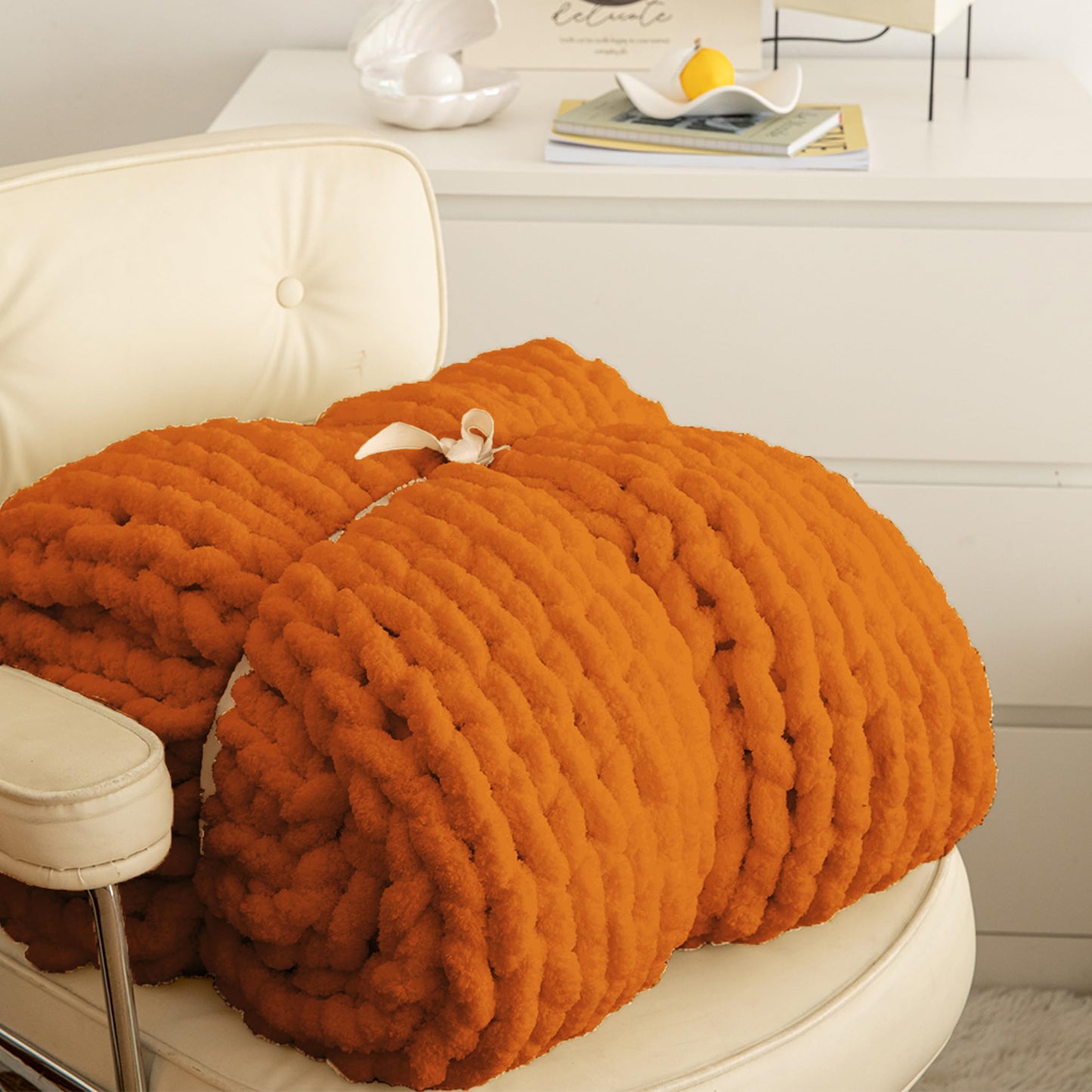 ATMOSURELY Ultra Soft Burnt Orange Chunky Knit Throw Blanket Cozy Fluffy Chenille Yarn Handmade Cable Knit Crochet Blanket for Bed Sofa Couch 50x60 Inches (Burnt Orange, 50"x60")