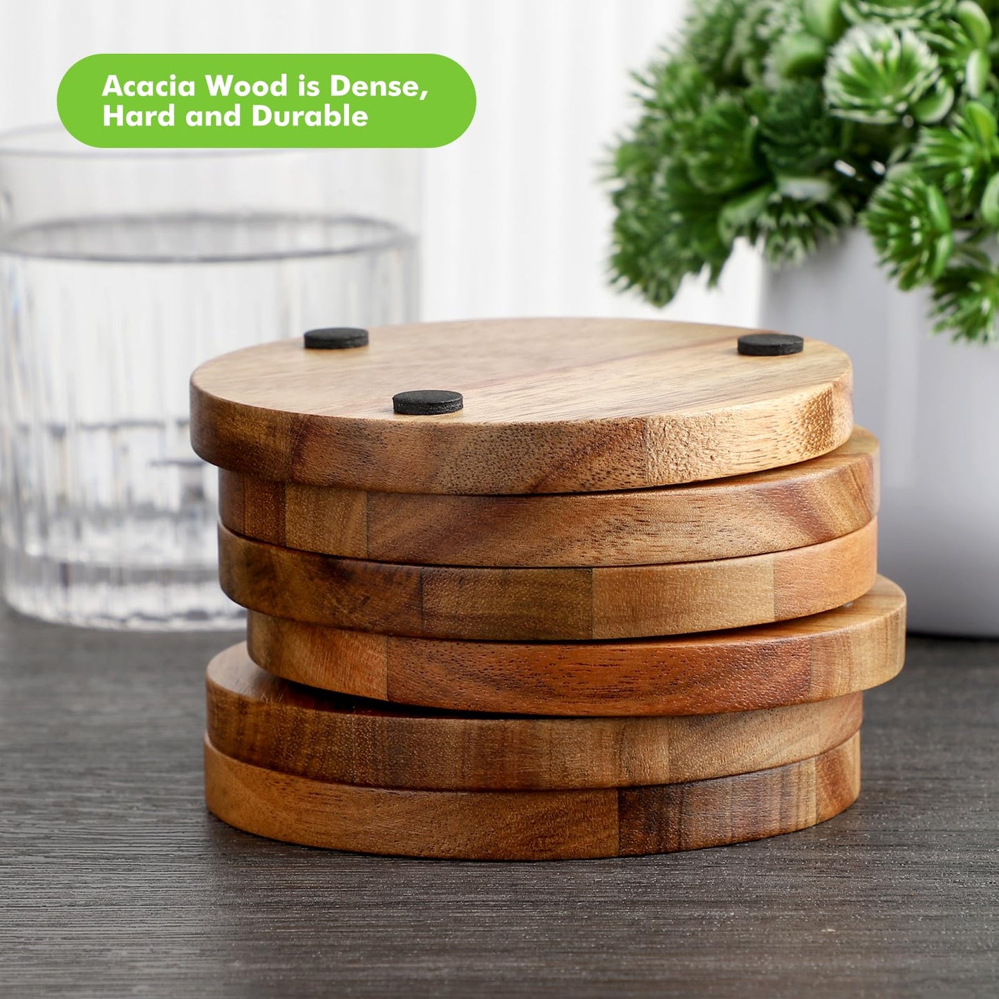 WLWNWFT Acacia Wood Coasters for Drinks with Lip 3.94in, Round Drink Coasters with Holder for Coffee Table Dining Table Wooden Table Coasters for Farmhouse Desk, Set of 6
