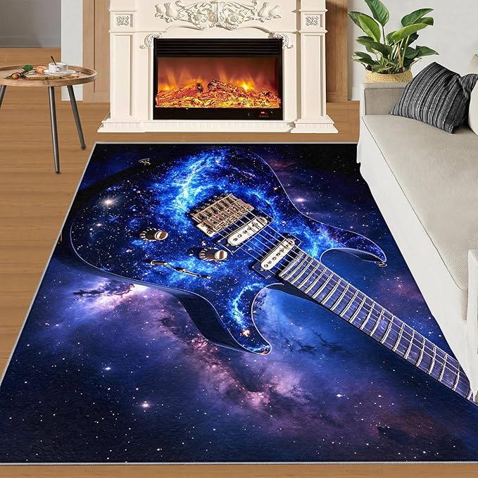 Guitar 4x5 Area Rugs for Living Room -Musical Instruments Washable Rug Starry Sky Non-Slip Carpet Indoor Floor Stain Resistant Thin Carpets for Bedroom Dining Room Home Office