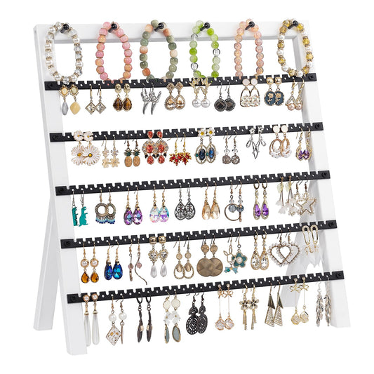 Emfogo Earring Holder Organizer, 6 Tier Earring Display Stand with 285 Holes & 6 Bracelet Rods, Rustic Wood Jewelry Organizer for Earring Bracelet Necklace Ring, Gifts for Women (White)