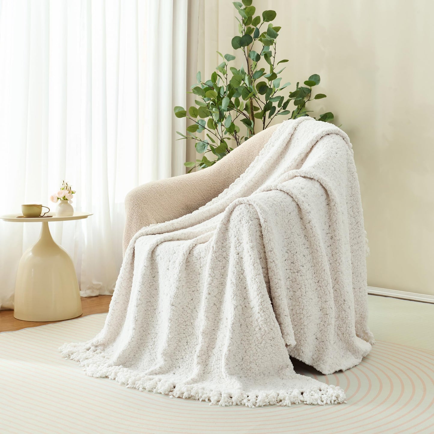 LONG CREATE Throw Blanket for Couch, White Luxury Knitted Throws 50"x60", Textured Blankets with Handmade Fringe Tassels for Bed Sofa Decorative, Chunky Soft Farmhouse Boho Home Decor