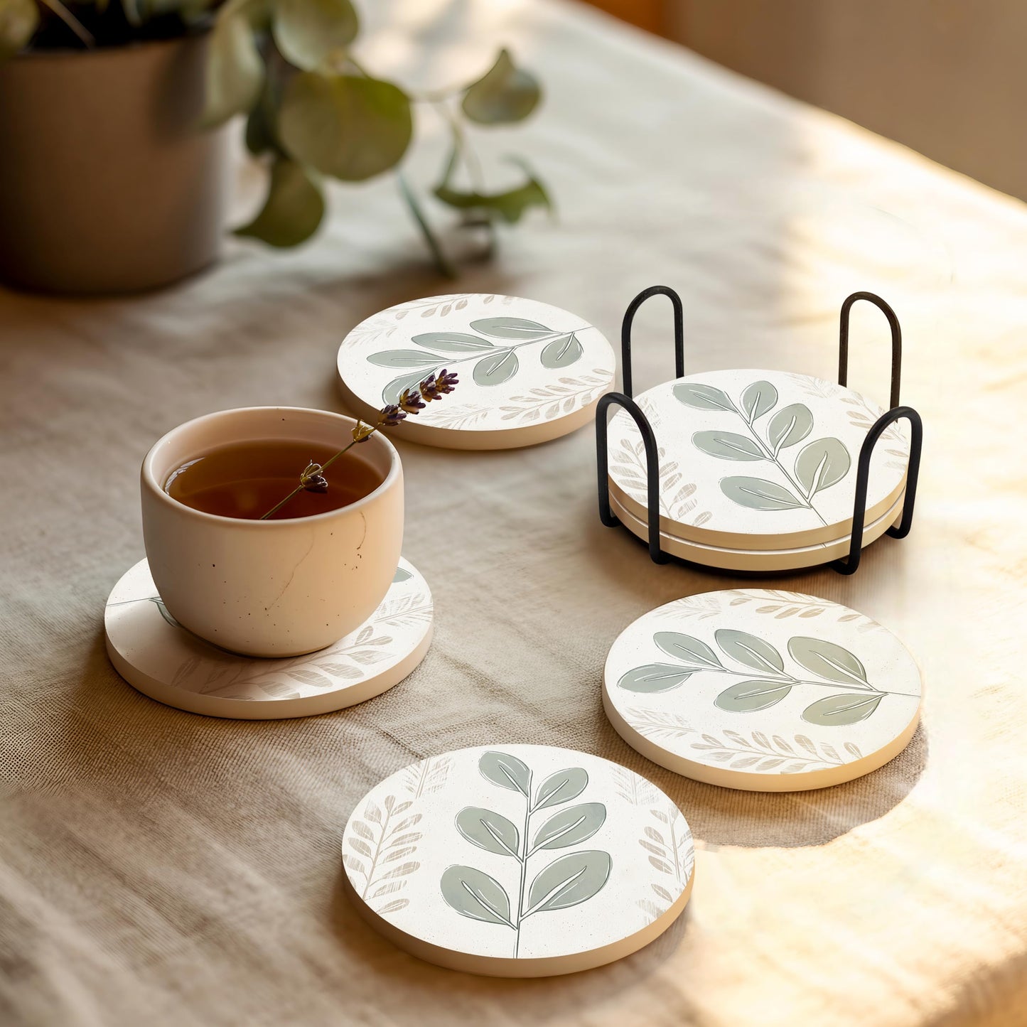 VEYRO Ceramic Coasters Set of 6 – Absorbent Stone Drink Coasters with Holder, Non-Slip Cork Backing, Modern Marble Look Coasters for Coffee Table, Desk & Home Decor