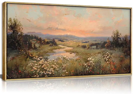 Extra Large Framed Vintage Sunset Wall Art, Rustic Meadow Wildflower Landscape Canvas Print, Countryside Scenery Picture Wall Decor, Farmhouse Artwork for Living Room Bedroom