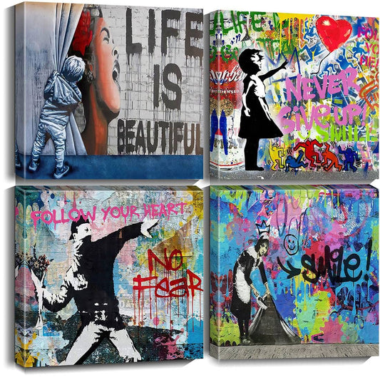 Biufo Banksy Canvas Wall Art Artwork Graffiti Street Print Pictures for Bedroom Living Room Wall Decor (12"x12"x4Pcs)