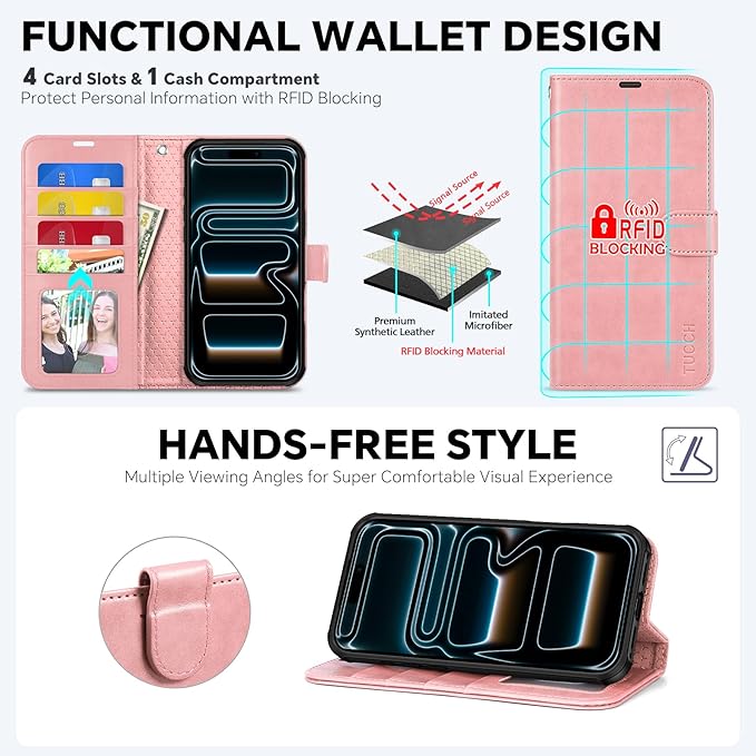 TUCCH 2-in-1 Detachable Wallet Case for iPhone 17 Pro Max (6.9-inch) 2025, RFID Blocking 4 Card Slots, Wireless Charging, Wrist Strap, Kickstand, Magnetic, PU Leather, Protective Flip Cover, Rose Gold