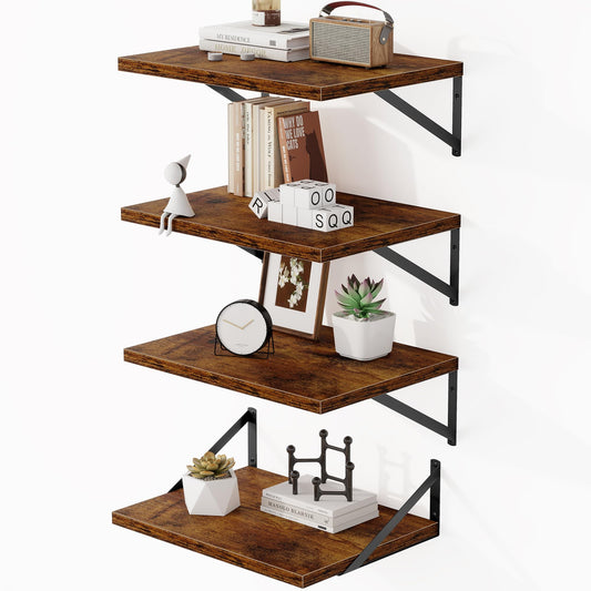 Heimlove Deep Floating Shelves for Wall, Wood Wall, Wide Floating Bookshelf for Living Room, Kitchen, Office, Bedroom and Decor Storage,Rustic Brown with Metal Bracket, 16wx12dx5.8h, 4Shelves