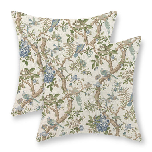 DAFENA Chinoiserie Pillow Covers 18x18 Inch 2 Pcs Sage Green Blue Floral Birds Outdoor Decor Throw Pillows Spring Summer Vintage Flower Seasonal Decoration Pillowcase Linen Cushion Cover for Couch