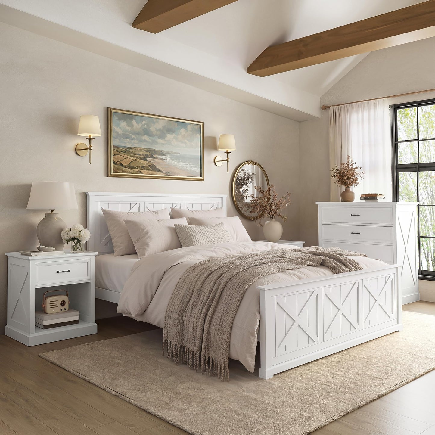 Harper & Bright Designs 4 Piece Bedroom Set, Rustic Queen Size Bedroom Furniture Sets with Storage Nightstands and 1 Dresser, Bedroom Furniture Sets with Wood Platform Bed Frame for Bedroom, White