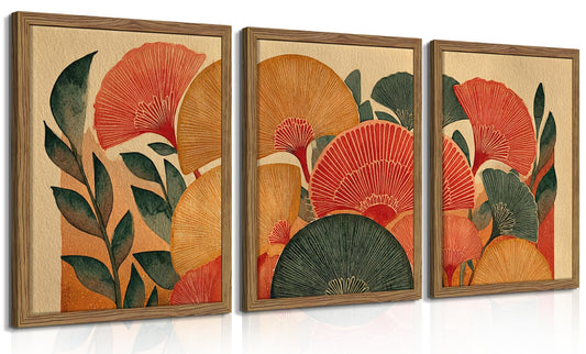 Framed Colorful Botanical Wall Art Set of 3, Vintage Ginkgo Leaves Canvas Wall Decor Paintings, Mid Century Abstract Flowers Posters Prints Pictures for Living Room Bedroom Bathroom 12x16 Inch