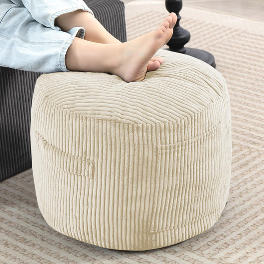 Manyday Round Stuffed Pouf Ottoman,Corduroy Foot Rest with Rebound Foam Filled, Furry and Fluffy Foot Stool Ottoman, Floor Poufs for Living Room (Beige, 20" D x 20" W x 15" H)