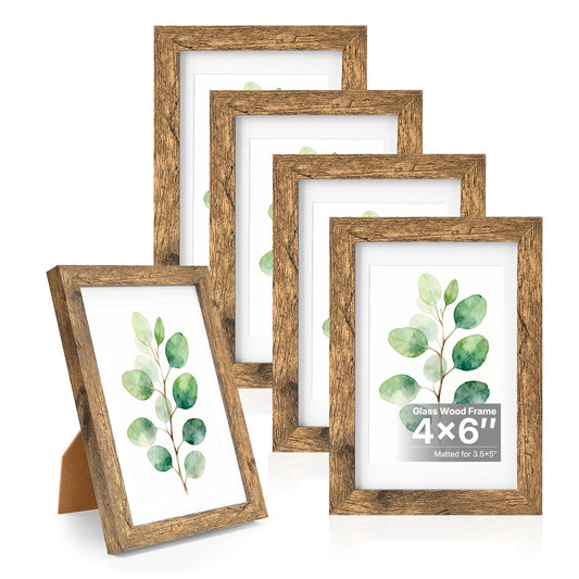 HOUSE DAY Wood 4x6 picture frame, Wooden Picture Frames 4x6 Frame with Real Glass, Rustic 4 x 6 Picture Frame for Wall or Tabletop, Display Picture 4x 6 Without Mat or 3.5x5 with Mat (5 Brown)