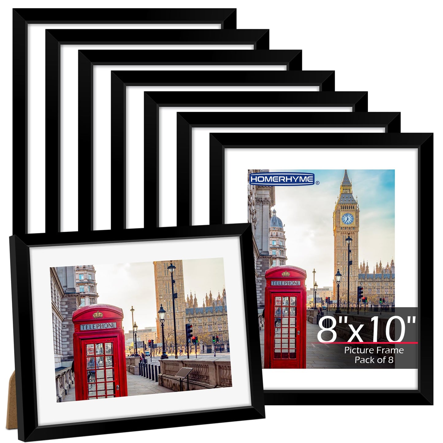 HOMERHYME 8x10 Picture Frame Set of 8, Black Photo Frames for Tabletop or Wall Display, Fits Pictures 5x7 with Mat or 8x10 Without Mat, Frame Collage with HD Plexiglass for Gallery Home Wall Decor