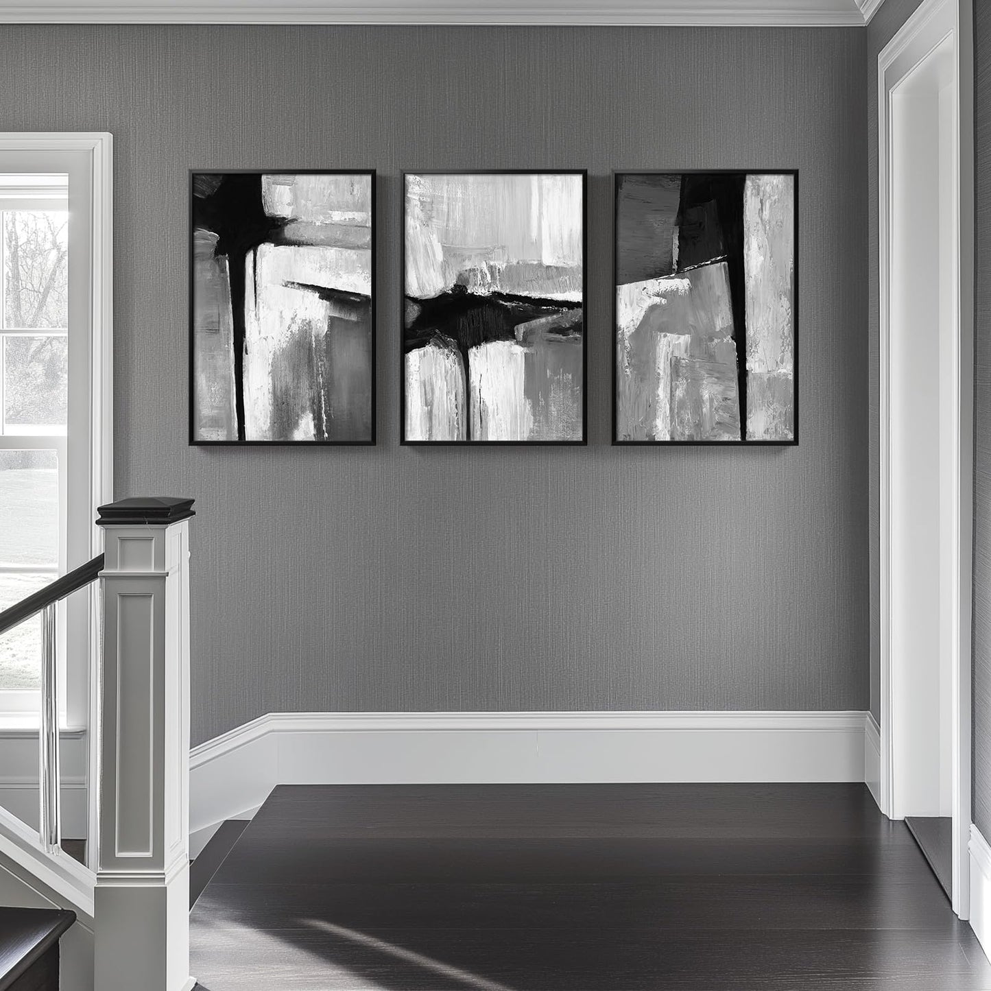 Framed Black and White Gray Modern Abstract Wall Art, Set of 3 Piece Big Canvas Paintings Artwork for Walls, Minimalist Art Prints Pictures for Living Room Hallway Bedroom Office Wall Decor 16x24 Inch