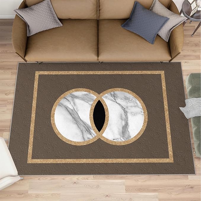 Brown Marble Bedroom Rug Vintage Mid-Century Geometric Rug Marble Pattern Decor Rugs Circle Rectangle Gilded Geometry Floor Mat Elegant Decor for Living Room 3x4ft