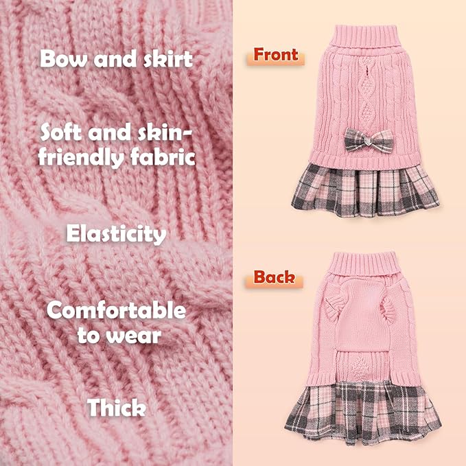 YUDODO 2 Pack Small Dog Sweater Dress with Bowtie Turtleneck - Knitted Pet Girl Dog Winter Clothes - Pet Warm Sweater for Puppy Yorkies, Chihuahua (XL Grey+Pink)