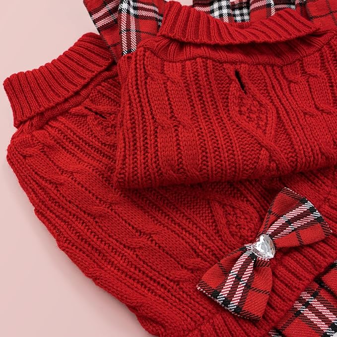 YUDODO Small Dog Sweater Dress with Bowtie Turtleneck - Knitted Pet Girl Dog Winter Clothes - Pet Warm Sweater for Puppy Yorkies, Chihuahua (S Red)