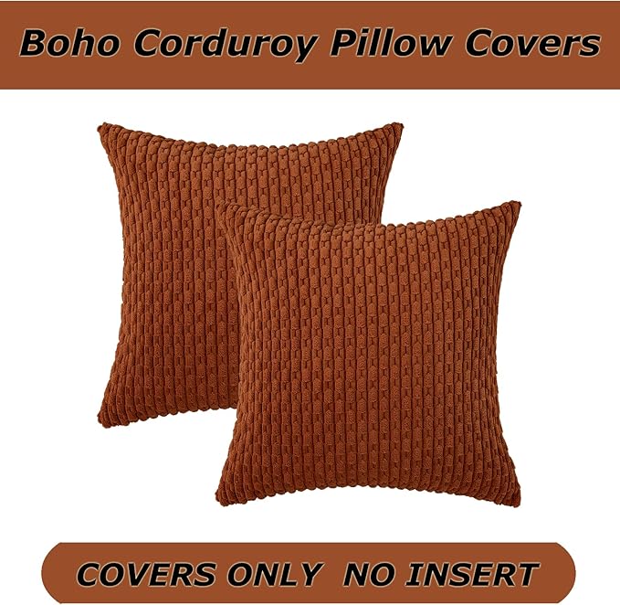 Kevin Textile Fall Throw Pillow Covers Soft Corduroy Decorative Set of 2 Boho Striped Pillow Covers Pillowcases Farmhouse Home Decor for Couch Bed Sofa Living Room 24x24 Inch Rust Brown