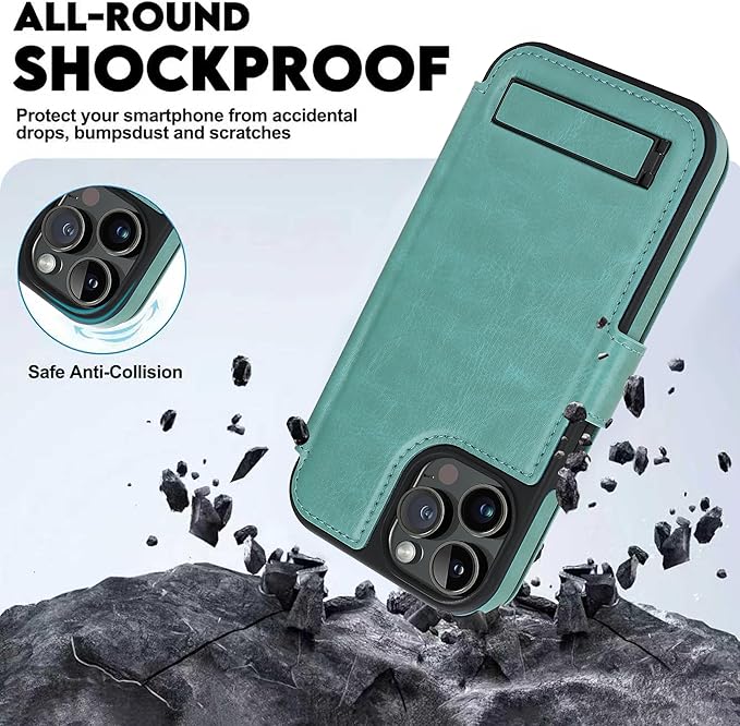 CIVICASE for iPhone 13 Pro Wallet Case with Stand,PU Leather Flip Credit Card Holder Slots (RFID Blocking),Compatible with Magsafe Magnetic Holder Phone Cover Women Men,Green