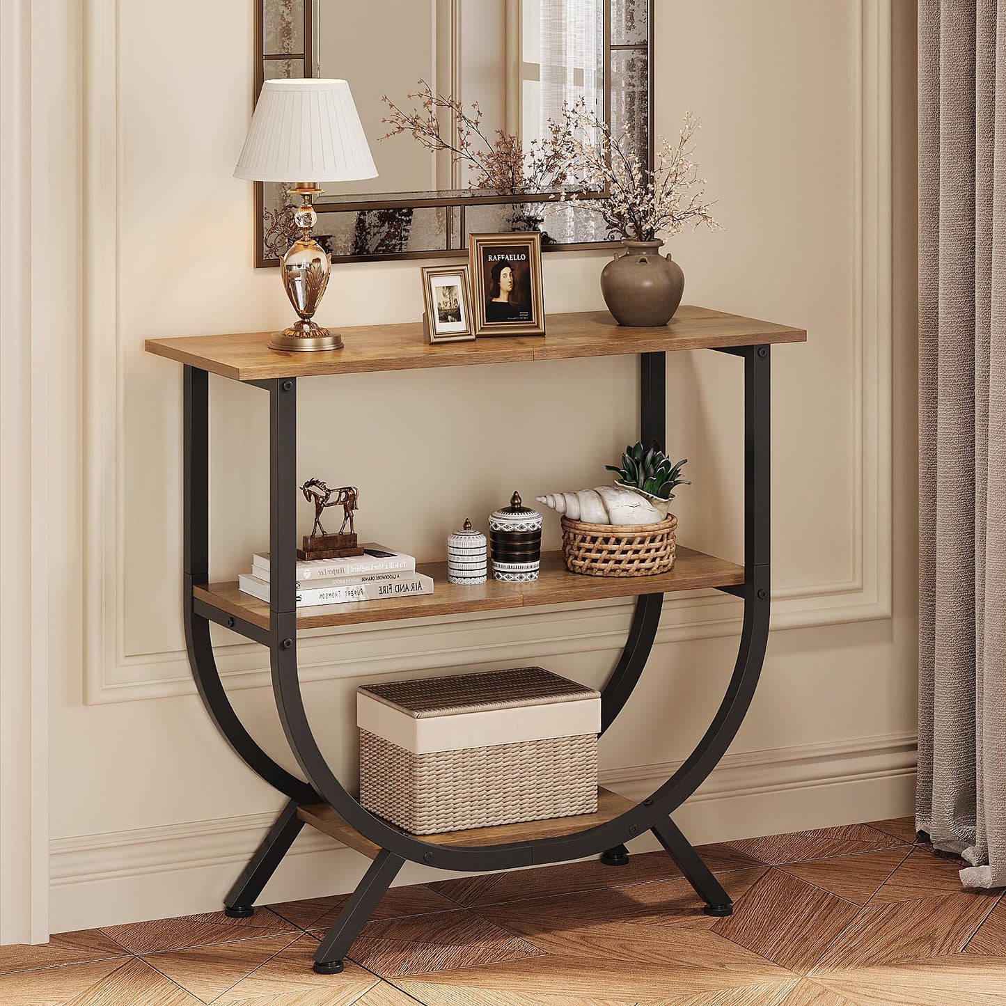 Trironsun 3 Tier Console Table with Storage 30" Height Entryway Table with Open Shelves Industrial Sofa Table Behind Couch for Living Room Hallway Entrance (Rustic Brown)