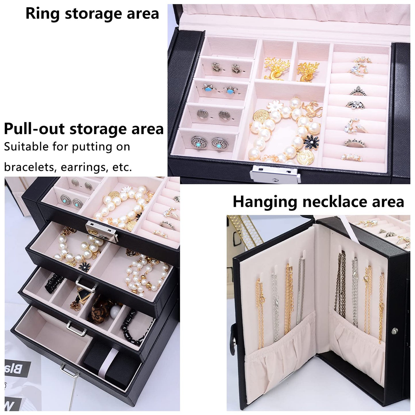 TORIBIO Huge Jewelry Box Leather Jewelry Organizer/Case for Women Girls Ring Necklace Earring Bracelet Holder Black