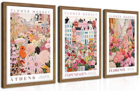 Floral Wall Art Set of 3, Colorful Flower Market Canvas Wall Decor Paintings, Pink Wildflower Botanical Posters Prints Pictures Artwork for Bedroom Living Room 16x24 Inch Wood Framed