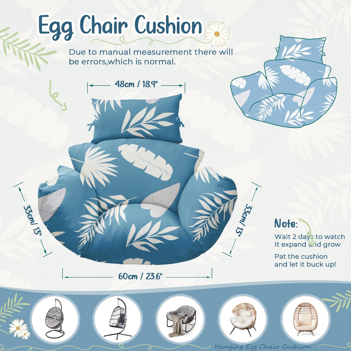 Uthem Waterproof Egg Chair Cushion Replacement 47x31.5x4.7 inch Thicken Hanging Egg Swing Chair Cushion Indoor Outdoor Wicker Rattan Hammock Basket Cushion with Headrest Pillow, Green Coconut Tree