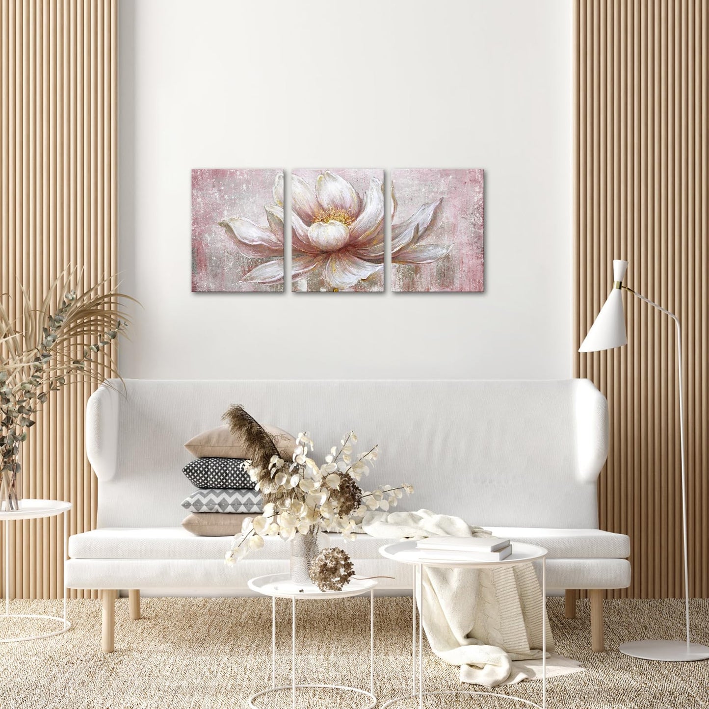 iKNOW FOTO Pink Gold Lotus Canvas Set of 3 Wall Art Framed Flowers Paintings Wall Pictures Abstract Artwork Painting for Bedroom Office Home Decor Ready to Hang 12x16 Each