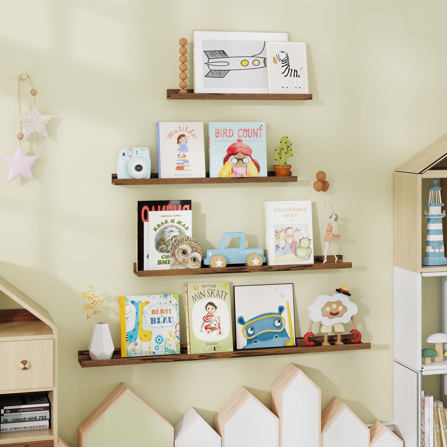 Fun Memories Picture Ledge Shelf - 24 Inches Floating Shelves Set of 4 - Nursery Bookshelves for Storage - Wood Bookshelf Wall Mounted for Bedroom - Living Room - Kitchen - Rustic Brown