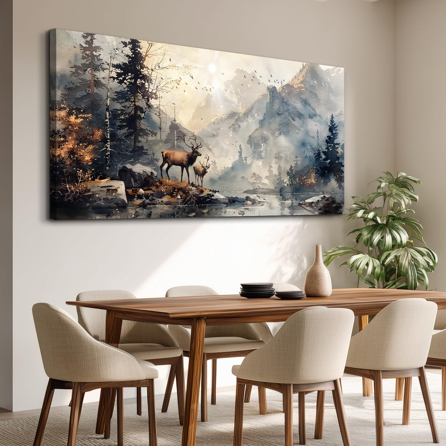 FUHAIHUA Canvas Wall Art For Living Room Large Wall Decor For Office Bedroom Wall Pictures Mountain Forest Landscape Ink Paintings Modern Poster Prints Artwork Room Home Decor Deer Mural 24x48 In