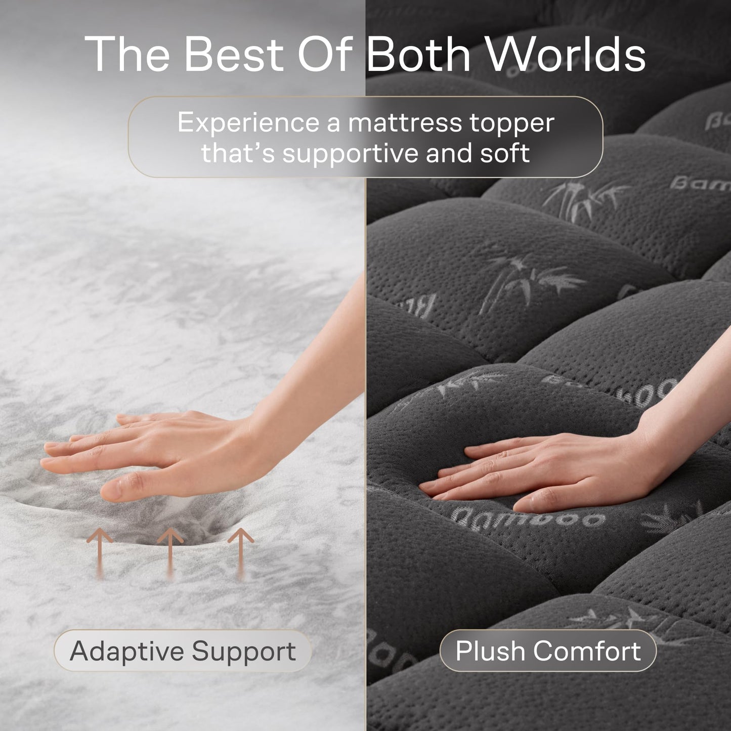 Dual-Layer 4 Inch Queen Size Mattress Topper - 2” Memory Foam + 2” Viscose Made from Bamboo Mattress Pad - Double the Comfort & Back Support - Removable & Machine-Washable Cover, Dark Gray