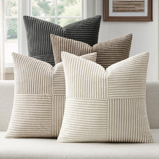 ANRODUO Pack of 4 Decorative Throw Pillows for Couch Neutral Gray 18x18 Inch Boho Cozy Soft Corduroy Cushion Covers Farmhouse Accent Pillowcases for Mid Century Summer Home Decor Sofa Bed Living Room